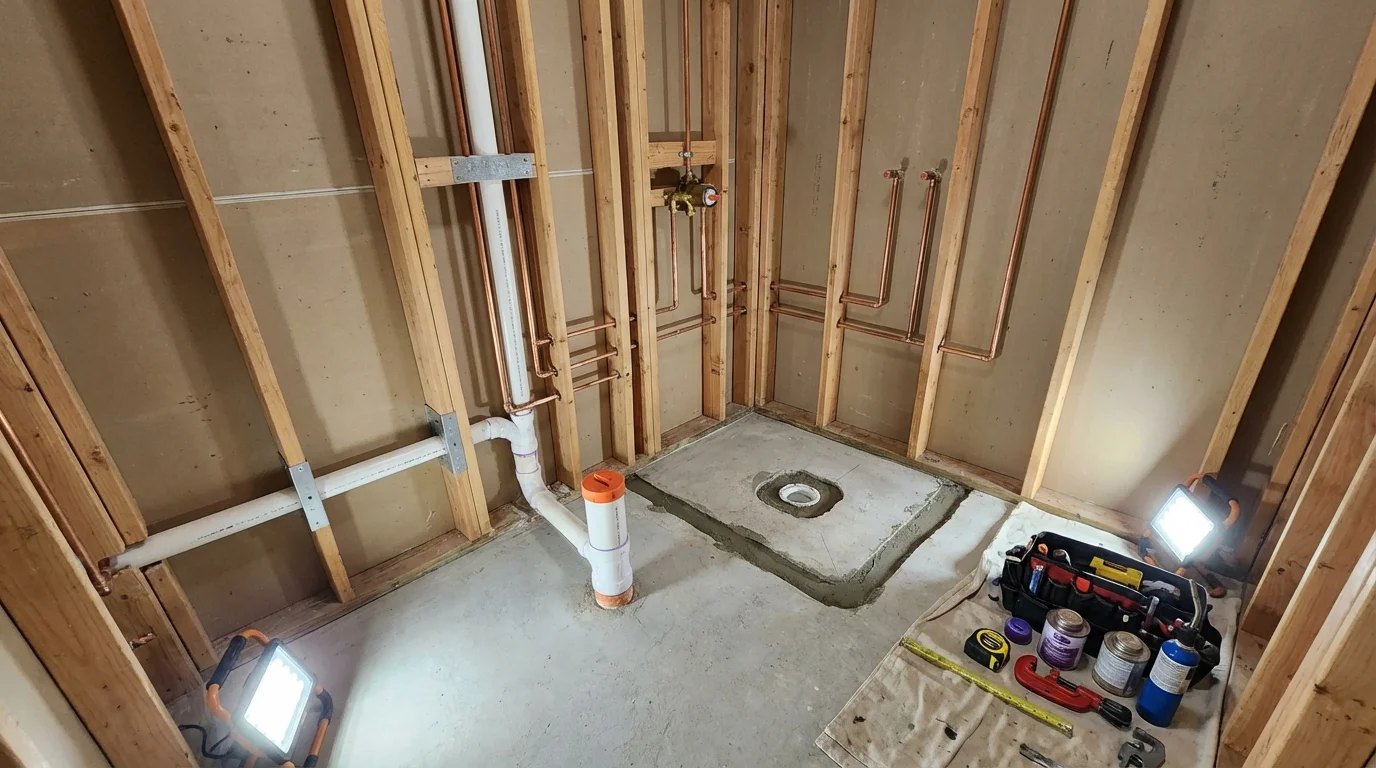 Bathroom rough-in plumbing during remodel by Johns Plumbing LLC in Kingsford Heights