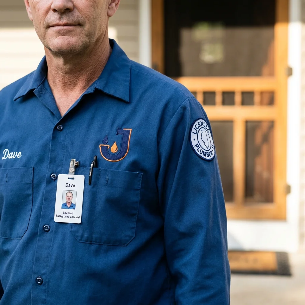 Licensed plumber showing ID badge in Kingsford Heights, IN