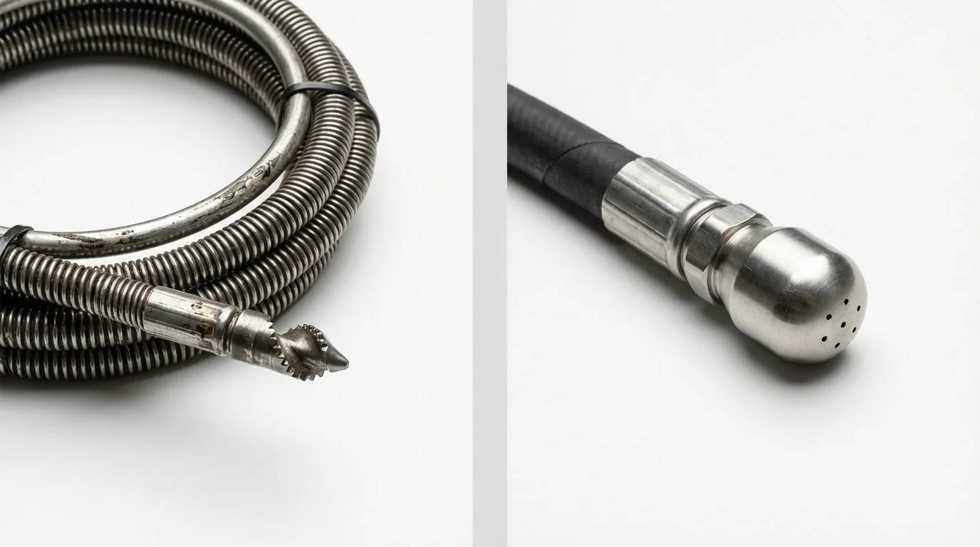 Drain snake cable and hydro jetting nozzle used for drain cleaning in Kingsford Heights, IN