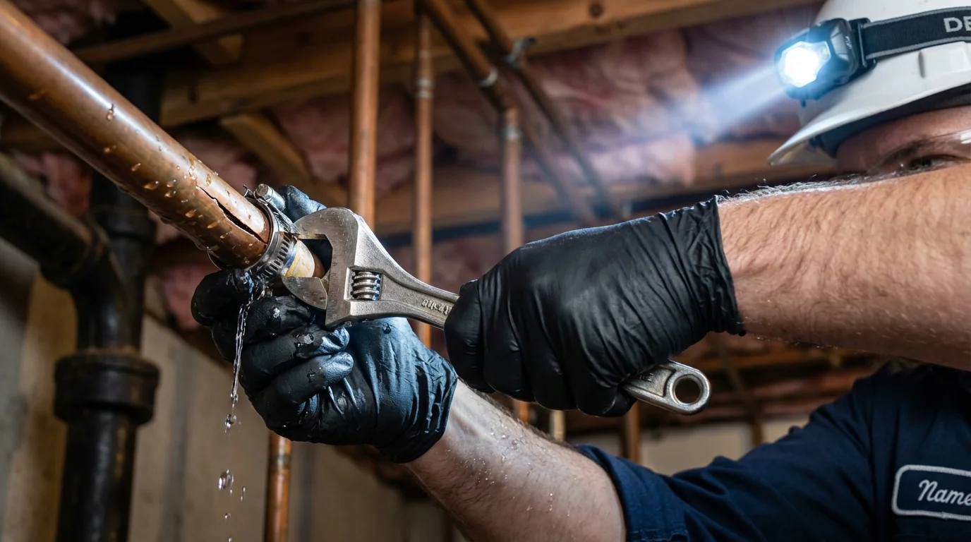 Emergency pipe clamp repair being performed by a Johns Plumbing LLC plumber in Kingsford Heights