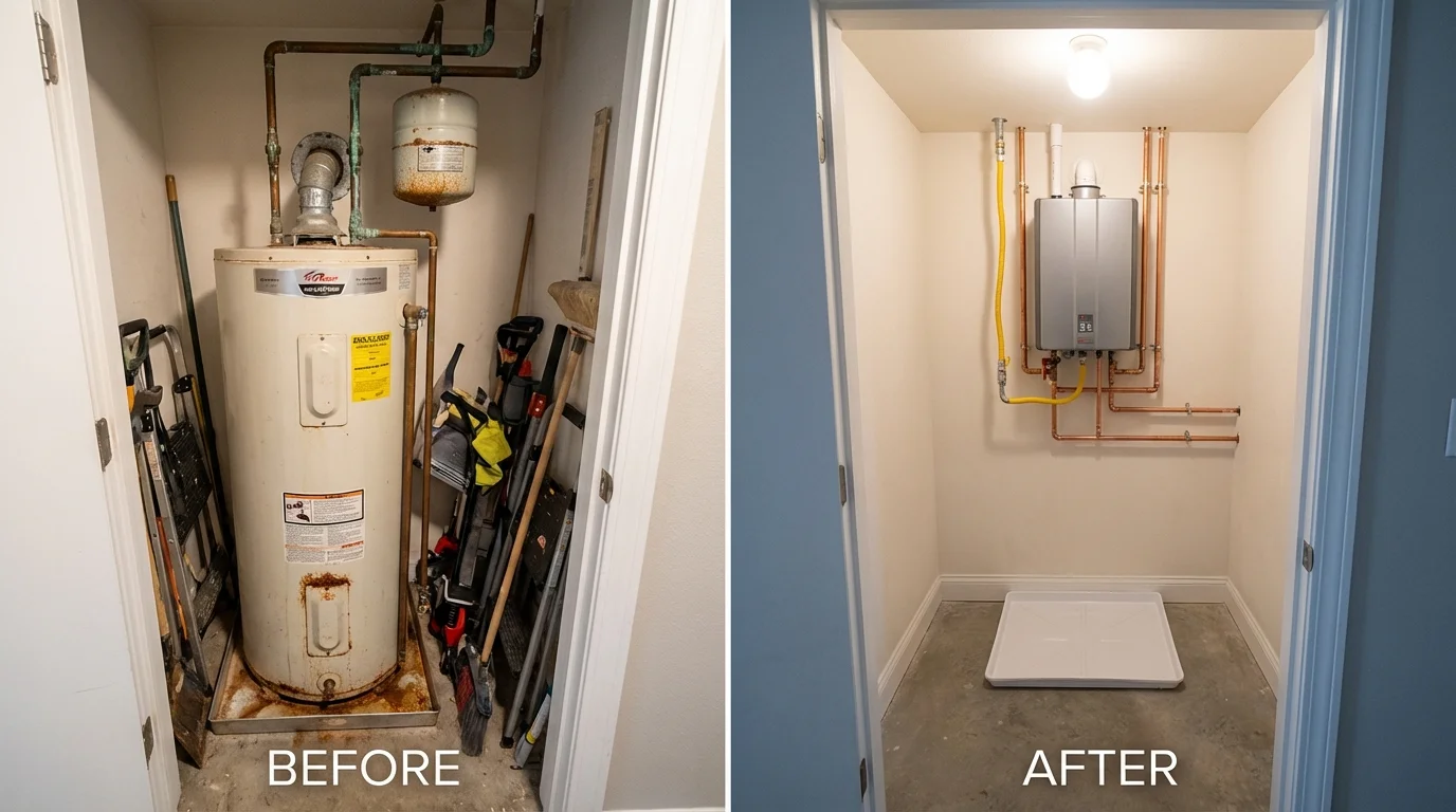 Tank water heater versus wall-mounted tankless unit comparison for Kingsford Heights, IN homeowners