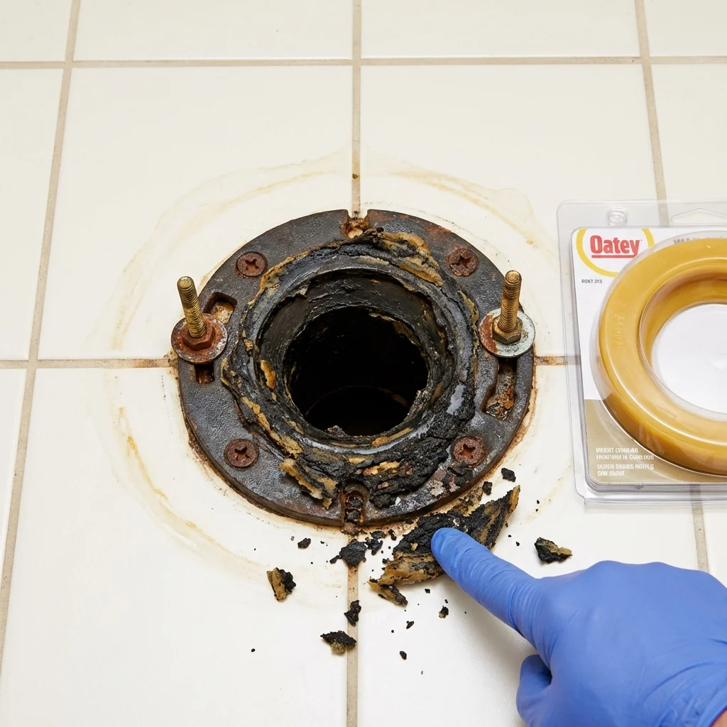 Failed wax ring showing water seepage at the base of a toilet in a Kingsford Heights, IN home