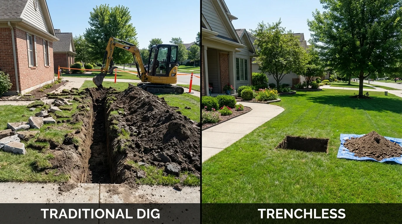 Trenchless sewer repair with minimal yard damage versus traditional excavation in Kingsford Heights, IN
