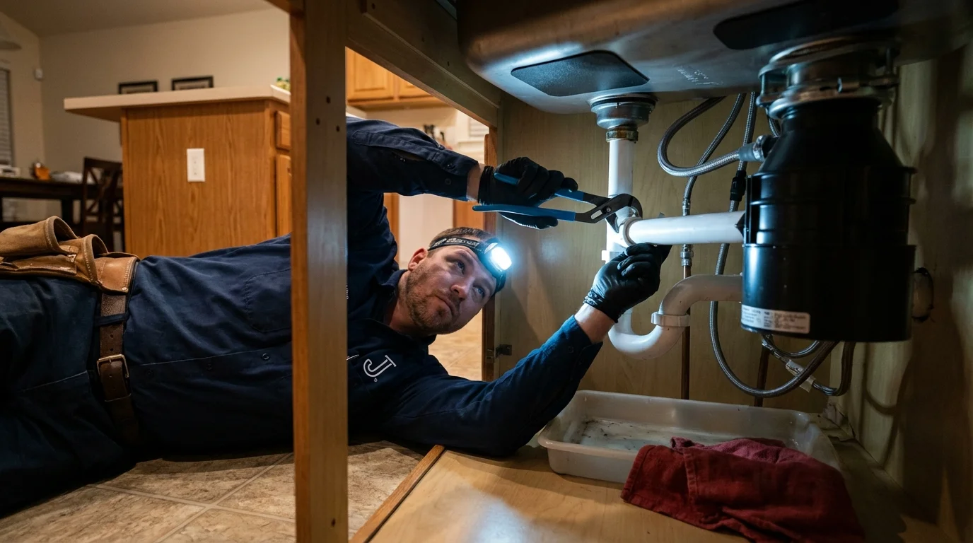 P-trap and supply line connections under a kitchen sink showing a common leak point in Kingsford Heights, IN